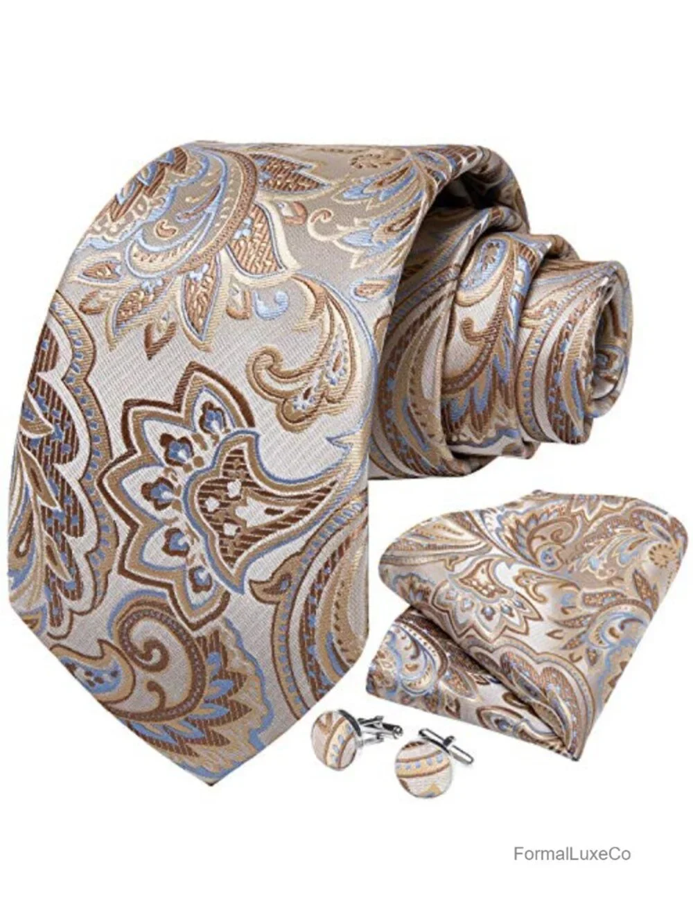 Silk Mens Tie Set with Pocket Square and Cufflinks Gift Box Formal